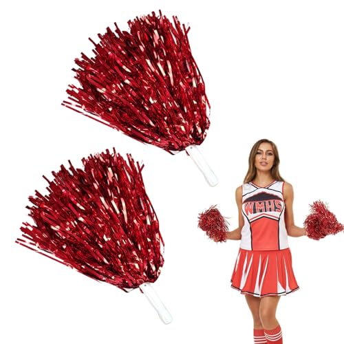 Pompoms Cheerleading,Sportkader Cheerleader Pompons,Cheerleader Pompons Rot,Metallisch Cheerleader Pompons,Pompons mit Griffen für Sportwettbewerb Tanzen Cheers Erwachsene, 2 Stück,Rot von Toulifly