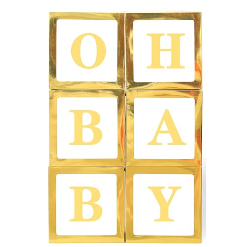 6 Stück Babyparty-Dekorationsboxen, transparente Babyblock-Ballonbox mit 52 weißen Buchstaben für Mottoparty-Zubehör, Dekoration/Geburtstag/Babyparty (Gold) von TourKing