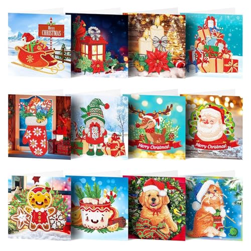 12 Packungen DIY 5D Diamant Malerei Weihnachtskarten, Runde Bohrer Kristall Strass Kunst Handwerk Karten Kits, Xmas Santa Claus Elch Diamond Art Grußkarten für Geburtstag Thanksgiving Weihnachten von Toveival