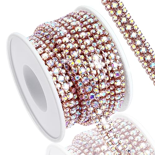 Towenm 2,7 m 3 Reihen Kristall-Strass-Kettenbesatz zum Basteln, Strass-enge Kette für Schmuckherstellung, Hochzeitstorte, Kleidung, Tassen, Croc, Strass-Nähbesatz, Roségold-Basis mit AB-Strasssteinen von Towenm