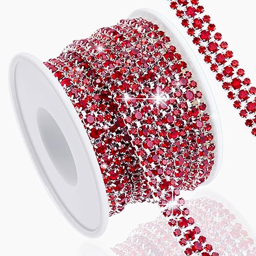 Towenm 2,7 m 3 Reihen Kristall-Strass-Kettenbesatz zum Basteln, rote Kristall-Strass-enge Kette für Schmuckherstellung, Hochzeitstorte, Blumenstrauß, Kleidung, DIY Crocs, Tassen, Strass-Nähbesatz von Towenm