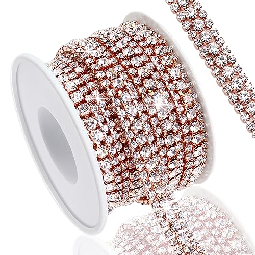 Towenm 3 Yards 3 Rows Crystal Rhinestone Chain Trim for Crafts, Rose Gold Crystal Rhinestone Close Chain for Jewelry Making, Wedding Cake, Bouquet, Clothes, DIY Crocs, Cups, Rhinestone Sewing Trim von Towenm