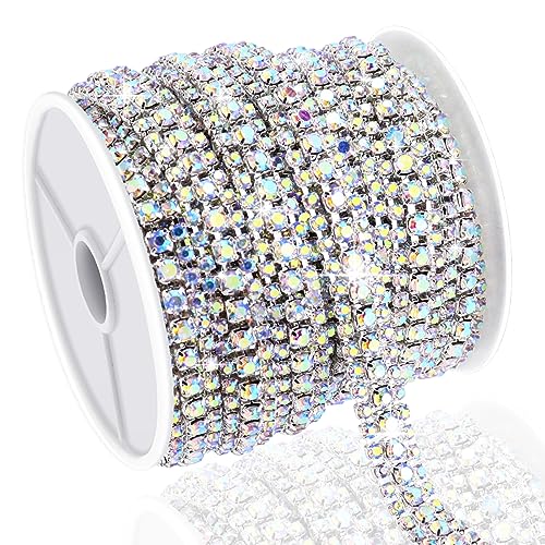 Towenm 6 Yards 3 Reihen Kristall Strass Kette, Strass Schließen Kette für Schmuckherstellung, Nähen Strass Trim für Handwerk, Hochzeitstorte, Blumenstrauß, Kleidung, Tassen, Silber Basis mit AB Strass von Towenm