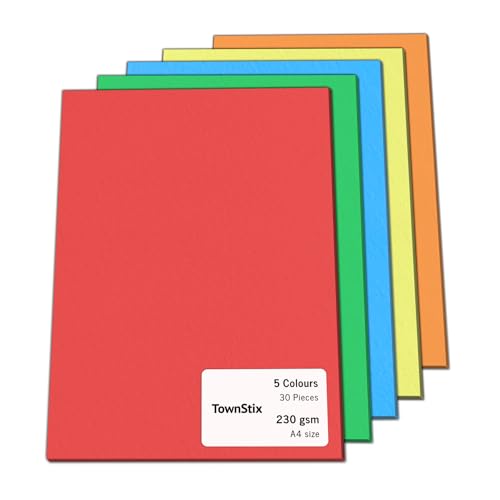30 Stück, 230gsm - A4 Tonkarton Bastelkarton Bunt, Fotokarton Pappe zum Basteln Karton - 5 Farben von TownStix