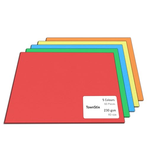 60 Stück, 230gsm - A3 Tonkarton Bastelkarton Bunt, Fotokarton Tonpapier Pappe zum Basteln Karton - 5 Farben von TownStix