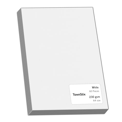 60 Stück, 230gsm - A4 Tonkarton Fotokarton Weiß, Dickes Papier zum Drucken, Kartonpapier Bastelkarton Pappe von TownStix