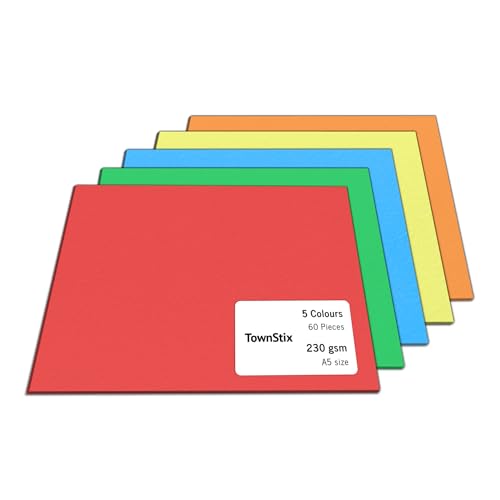 60 Stück, 230gsm - A5 Tonkarton Bastelkarton Bunt, Fotokarton Pappe zum Basteln Karton - 5 Farben von TownStix