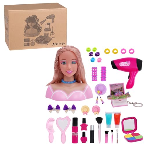 ToyGhillied Schminkkopf Puppe Frisierkopf, 33 Stück Puppenkopf mit Haarzubehör, Haartrockner, Make-up, zum Stylen, Blond Puppe Frisur von ToyGhillied