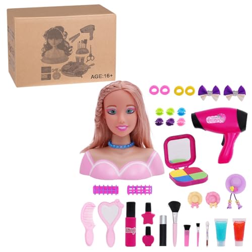 ToyGhillied Schminkkopf Puppe Frisierkopf Kinder, 33 Stück Puppenkopf mit Haarzubehör, Haartrockner, Make-up, zum Stylen, Blond Puppe Frisur Spielzeug für Kinder Mädchen von ToyGhillied