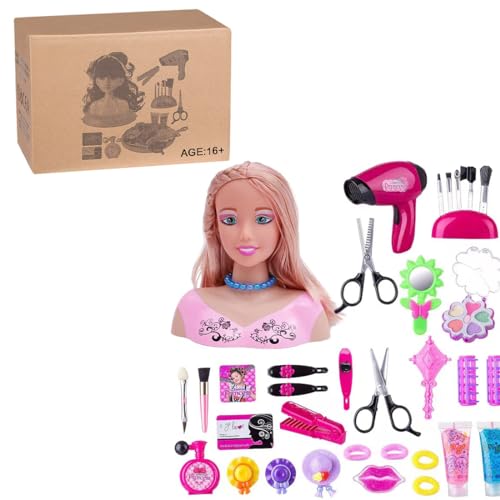 ToyGhillied Schminkkopf Puppe Frisierkopf Kinder, 34 Stück Puppenkopf mit Haarzubehör, Haartrockner, Make-up, zum Stylen, Blond Puppe Frisur Spielzeug für Kinder Mädchen von ToyGhillied