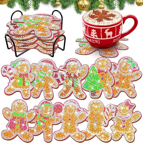 10 Stück Weihnachten Diamond Painting Untersetzer mit Halter, 5D Diamant Painting Untersetzer Malerei Kits DIY Weihnachten Untersetzer Runde Diamant Kunst Cup Drink Untersetzer (Lebkuchen) von Toyhood