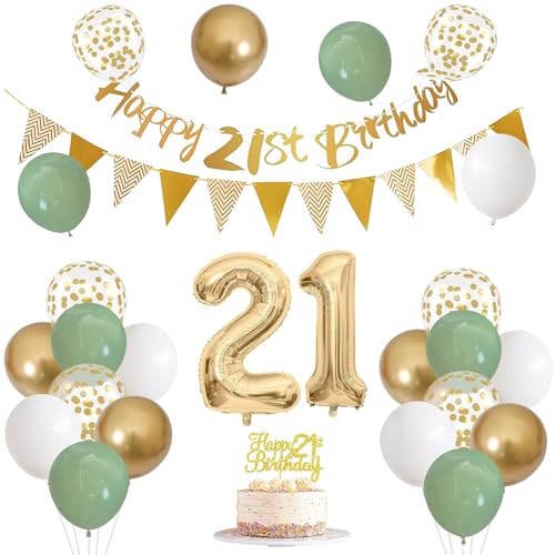 21 Geburtstag Deko für Mädchen Frauen, Weiß Gold Geburtstag Luftballons Happy Birthday Banner Konfetti Latex Ballons Geburtstag Kuchen Topper Nummer 21 Folienballons für Geburtstag Party Dekorationen von Toyhood