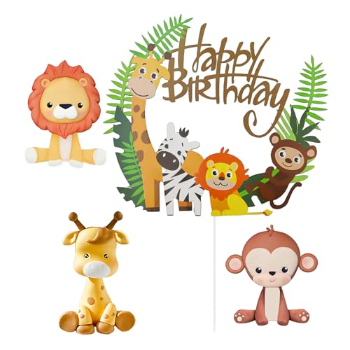 Tortendeko Wald Tiere, 4 Stück Kuchendeko Dschungel Geburtstag Torten Waldtiere Cake Topper Giraffe Löwen Affen Figuren Tortendeko Waldtiere Happy Birthday Tortendeko für Kinder Geburtstag von Toyhood