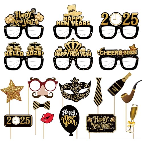 Toyhood 18 Pack New Year Party Photo Booth Requisiten Set, 6pcs Fancy New Year Party Gläser, 12pcs Silvester Party Photo Booth Requisiten, 2025 New Year Dekorationen Vorabend Party Dekorationen von Toyhood