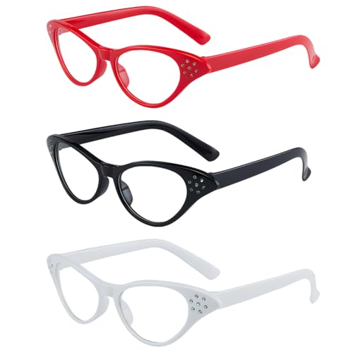 Toyhood 3 Stück 50er Jahre Style Brille, Klarglas Brille Retro Party Brille mit Diamanten Steinen Kostüm Brille für Halloween 1950er Party von Toyhood