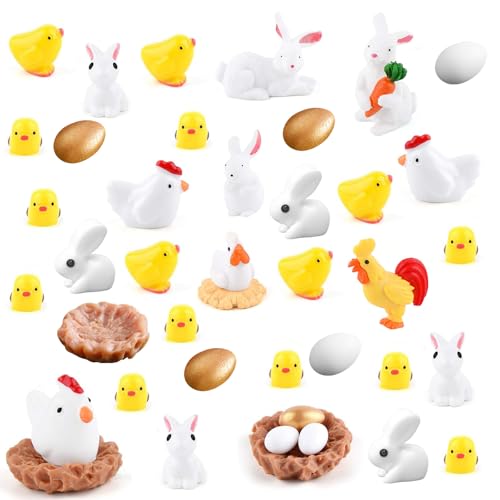 Toyhood 40pcs Mini Tiere Figuren, Tiny Ostern Kaninchen Eier Miniatur-Figuren, Henne Huhn Nest Figuren, für Garten Miniatur Statue Landschaft Kuchen Toppers Ostern Party Dekoration von Toyhood