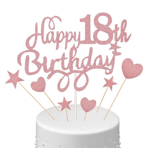 Toyhood Happy 18th Birthday Cake Topper, Glitter Heart Star Happy Birthday Cake Topper, Gold Pink Cupcake Topper, for 18th Party Decoration (Pink) von Toyhood