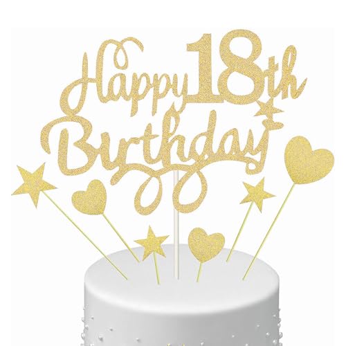 Toyhood Happy 18th Birthday Cake Topper Glitter Heart Star Happy Birthday Cake Topper Gold Pink Cupcake Topper for 18th Party Decoration (Gold) von Toyhood