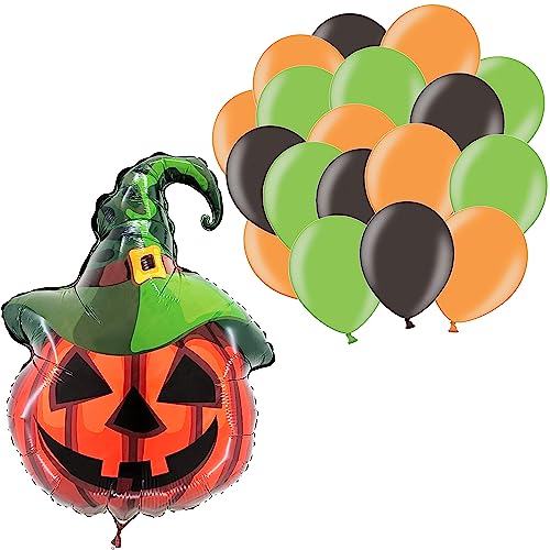 Toyland® Halloween-Ballon-Set – 1 x 61 cm großer Kürbis-Folienballon und 30 Latex-Ballons: 10 x Schwarz, Grün und Orange – gruselige Partydekorationen von Toyland