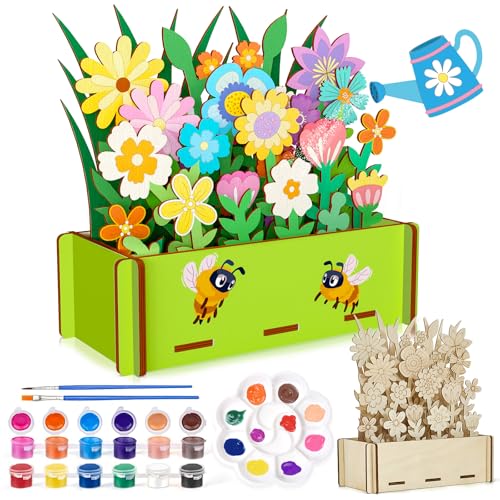 Toylink Holz Blumen Basteln Kinder, Bastelset Holz Malset Für Kinder Mit Blume Holzkiste Gießkanne Pigment, Holzbausatz Kreative Handwerk Bastelset Für 3 4 5 6 Jahre Mädchen Junge von Toylink