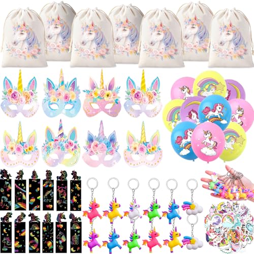 118 Einhorn Party Mitgebsel Kindergeburtstag Mädchen Einhorn Maske Kratzbilder Luftballon Jutebeutel mit Kordelzug Schlüsselanhänger Aufkleber Deko Einhorn Give Aways Mitbringsel Geburtstag Geschenke von Toyssa