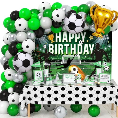 124PCS Fußball Deko Geburtstag Fußball Party Deko mit Fußball Hintergrund Tischdecke Ballon-Girlande Folienballons für Kinder Jungen Erwachsener Fussball Kindergeburtstag Party Dekoration von Toyssa