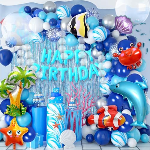 Toyssa Unterwasserwelt Geburtstag Deko Meer Party Deko mit Luftballon Girlande Blau Fische Hai Helium Ballons Lametta Blaue Ozean Kindergeburtstag Dekoration Party Zubehör für Mädchen Jungen Kinder von Toyssa