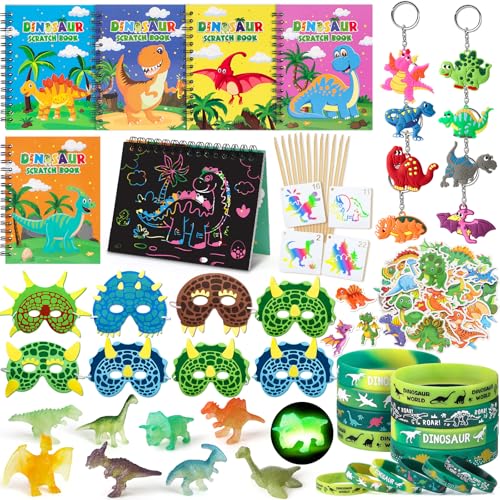 82stk Mitgebsel Kindergeburtstag Dinosaurier Spielzeug Dino Party Mitgebsel Kratzbilder für Kinder Dinosaurier Figuren Maske Schlüsselanhänger Armbänd Aufkleber Kindergeburtstag Gastgeschenke Jungen von Toyssa