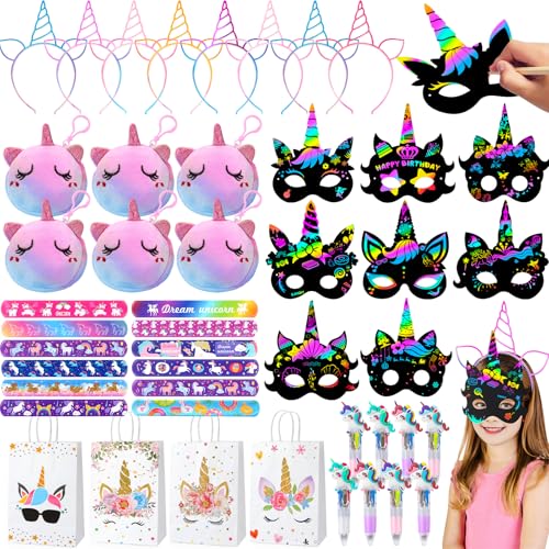 Einhorn Party Mitgebsel Kindergeburtstag Mädchen Einhorn Geldbörse Kinder Maske Kratzbilder 4 in1 Kugelschreiber Haarreif Schnapparmband Geschenktüten Give Away Mitbringsel Geburtstag Geschenke Kinder von Toyssa