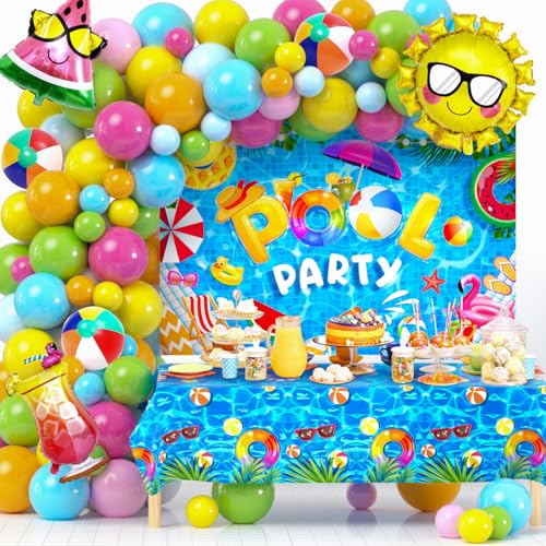 Pool Party Deko Beach Geburtstagsdeko Party Zubehör mit Luftballons Tropische Folienballon Banner Tischdecke Hawaii Deko Kindergeburtstag Dekoration Sommer Schwimmbad für Mädchen Jungen Kinder von Toyssa