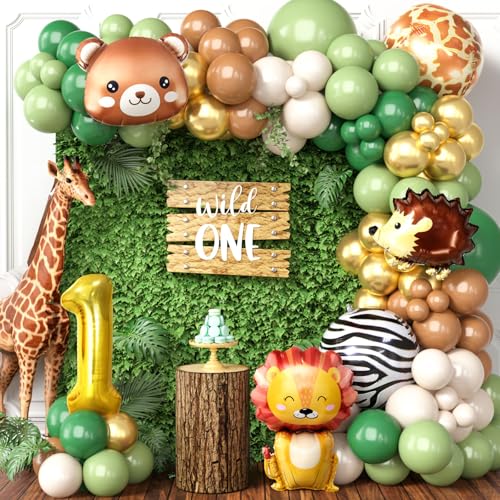 Toyssa Dschungel Safari Deko 1. Geburtstag Junge Mädchen Wild One Geburtstag Deko mit Salbeigrün Luftballons Girlande Safari Kindergeburtstag Deko Baby Shower Erster Geburtstagsdeko 1 jahr Junge von Toyssa