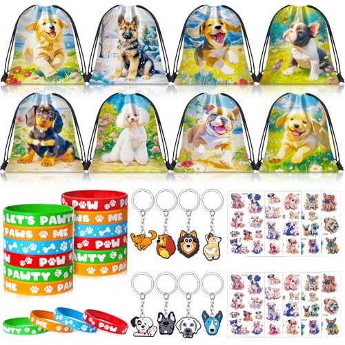 Toyssa 48 Stück Hunde Mitgebsel Kindergeburtstag Mädchen Geschenktüten Kordelzugbeutel Turnbeutel Silikonarmband Schlüsselanhänger Tattoos Hunde Party Mitbringsel Gastgeschenke für Kinder von Toyssa