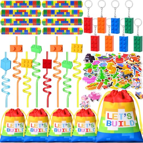 Toyssa Bausteine Party Mitgebsel Kindergeburtstag Gastgeschenke mit Kordelzugbeutel Strohhalme Schlüsselanhänger Schnapparmband, Give Aways Mitbringsel Kindergeburtstag für Kinder Jungen Mädchen von Toyssa