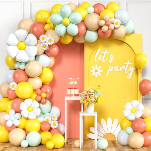 Toyssa Boho Luftballon Girlande Gänseblümchen Geburtstagsdeko mit Daisy Folienballons Luftballons Rosa Blau Gelb, Gänseblümchen Deko Bunte Luftballon Girlande für Geburtstag Hochzeit Babyparty von Toyssa