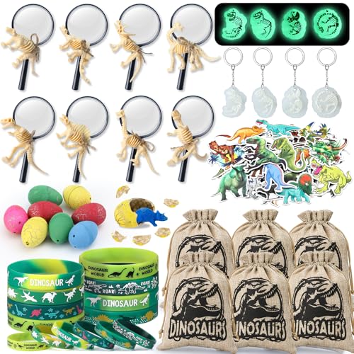 Toyssa Dino Mitgebsel Kindergeburtstag Jungs mit Lupe Kordelzugbeutel Leuchtende Schlüsselanhänger Dino Eier Skeleton, Dinosaurier Piñata Füllung Give Aways Mitbringsel für Jungen Kinder von Toyssa