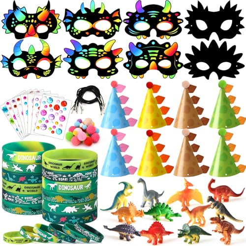 Toyssa Dinosaurier Party Mitgebsel Kindergeburtstag Give Aways Gastgeschenke mit Kratzbilder Dino Maske Mini Dino Figuren Silikonarmband Partyhüte Diamant-Aufkleber Dino Pinata Füllung Kinder von Toyssa