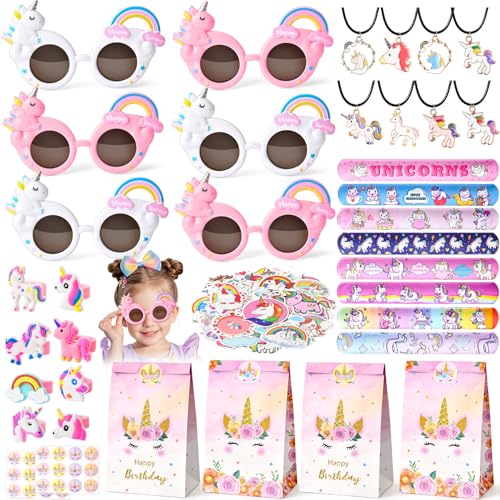 Toyssa Einhorn Mitgebsel Kindergeburtstag Partygeschenke Set Einhorn-Sonnenbrillen Halsketten Partytüten Ringe Schnapparmbänder Aufkleber Pinata Füllung Give Aways Kindergeburtstag von Toyssa