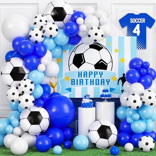 Toyssa Fussball Deko Geburtstag Kinder, Fußball Kindergeburtstag Deko mit Hintergrund Folienballons Fussball Luftballon, Luftballon Girlande Blau Weiß für Geburtstagsdeko Jungen Kinder (Blau) von Toyssa