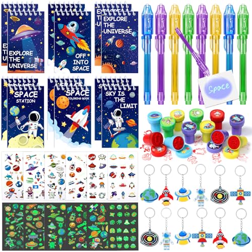 Toyssa Space Mitgebsel Kindergeburtstag Gastgeschenke Weltraum Mitbringsel Kindergeburtstag UV Stift Notizbuch Stempel Schlüsselanhänger Leuchttattoos Give Aways Pinata Füllung Junge Kinder von Toyssa