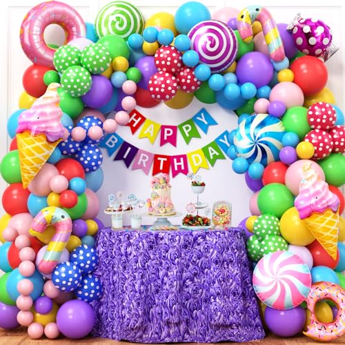 Toyssa Süßigkeiten Geburtstagsdeko Mädchen, 160 Stück Bonbons Donut Party Deko mit Happy Birthday Girlande Eis Folienballons, Regenbogen Deko Bunte Luftballon Girlande für Mädchen Kinder von Toyssa