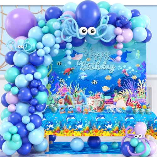 Toyssa Unterwasserwelt Geburtstagsdeko Party Deko, 136 Stück Meerestiere Deko Folienballons Hintergrund Tischdecke Blau Luftballon Girlande, Ozean Kindergeburtstag Dekoration für Mädchen Jungen Kinder von Toyssa