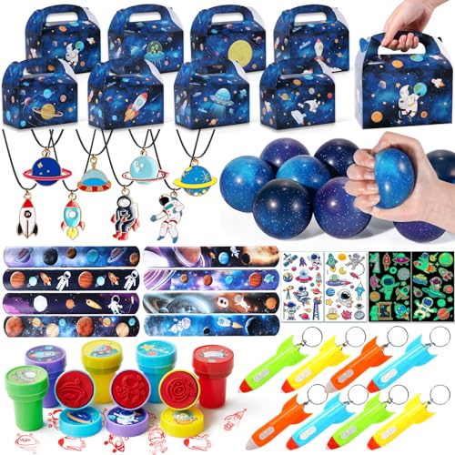 Toyssa Weltraum Mitgebsel Kindergeburtstag Streßball Stempel Geschenkbox Raketen Schlüsselanhänger Halskette Kinder Tattoo Schnapparmband Weltraum Galaxy Astronaut Party Mitgebsel Junge Gastgeschenke von Toyssa