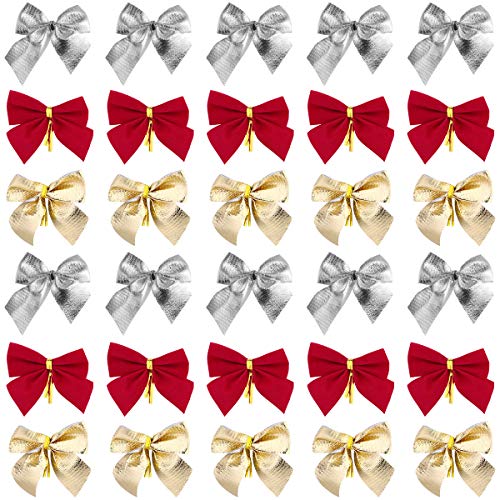 Toyvian 36 Stücke Weihnachten Schleifen Ziehschleife Geschenkschleife Geschenkband Glitzer Bogen für Baumschmuck Weihnachtsdeko Geschenkverpackung (Rot, Golden und Silber) von Toyvian