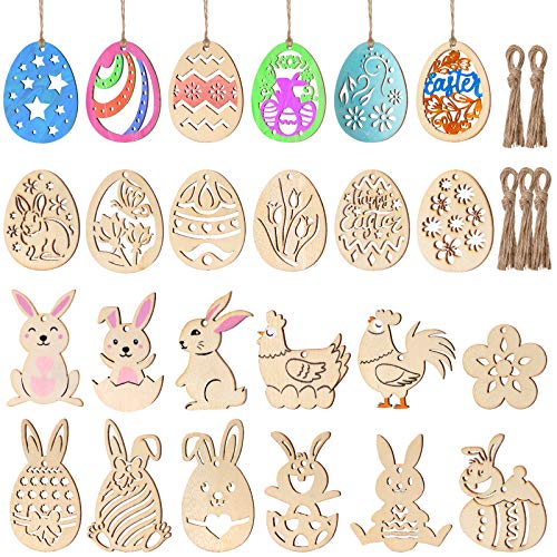 Toyvian 48 Stück Ostern Handwerk Holz Ornamente Ostern Dekorationen Unvollendete Holz Ei Hase Schmetterling Blumenform mit Zeichenstift Und Schnü für DIY Ostern Party Handwerk von Toyvian