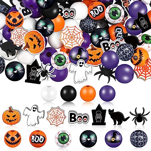 Tradder 200 Stück Halloween-Holzperlen Lila Orange Holzperlen Kürbis Spinne Schwarze Katze Perlen Handwerk Holzperlen für Halloween Heimdekoration Schmuckherstellung DIY von Tradder