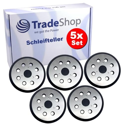 5x Trade-Shop Klett Schleifteller Haftteller Universal 125mm 8 Staublöcher 3 Schraubenlöcher kompatibel mit Makita, kompatibel mit Hitachi, kompatibel mit Milwaukee Porter Cable Exzenterschleifer von Trade-Shop