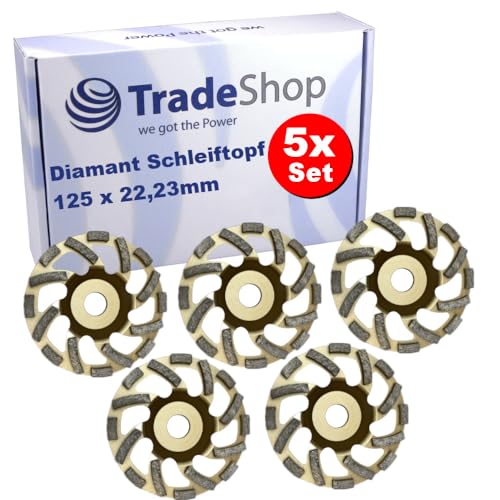 5x Trade-Shop Diamant Turbo-Segmente Schleiftopf abrasiv Ø 125mm 22,23mm Bohrung für Granit Beton Estrich Asphalt Putz Mauerwerk Naturstein Fliesenkleber von Trade-Shop