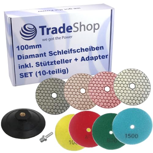 Trade-Shop 10-teiliges SET 100mm Schleifscheiben Pads (8x) + Schleifteller mit M14 Adapter für Schleifmaschinen, Buff/50/100/200/400/800/1500/3000 von Trade-Shop