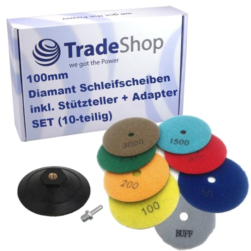 Trade-Shop 10in1 SET: Ø100mm Diamant Polierscheibe (8 Stück) + Stützteller mit M14 Adapter für Naturstein, Beton, Granit, Keramik, Fliesen, Marmor von Trade-Shop