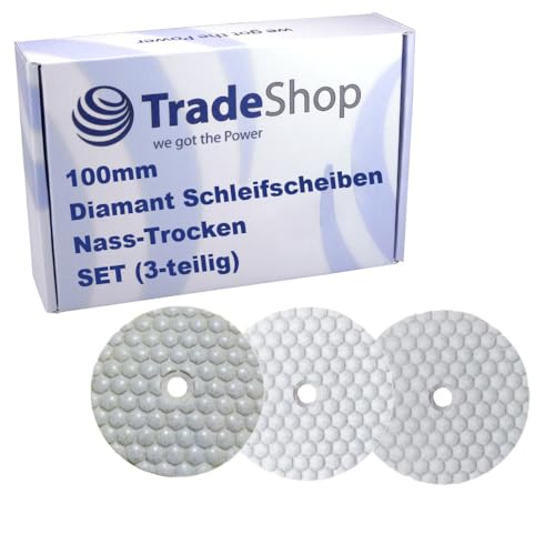 Trade-Shop 3-teiliges SET 100mm M14 Schleifscheiben Pads Nass-Trocken für Klett Schleifteller Winkelschleifer Schleifmaschine, Körnung #50/#100/#200 von Trade-Shop